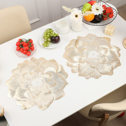 4-Pack Gold Luxury Bronzing Floral Heat-Insulated Placemats - Lotus Style Anti-Slip & Waterproof PVC Table Mats(38x38CM)