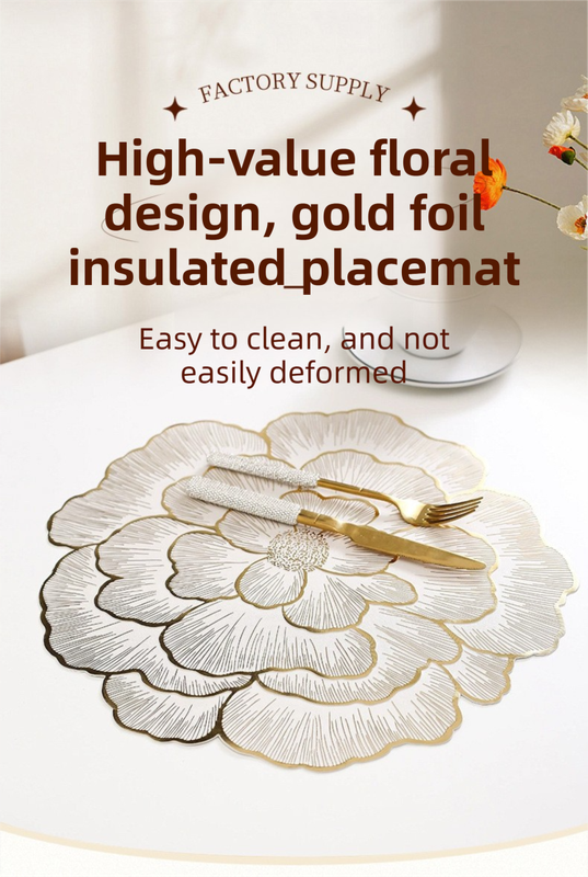 4-Pack Gold Luxury Bronzing Floral Heat-Insulated Placemats - Lotus Style Anti-Slip & Waterproof PVC Table Mats(38x38CM) - Image 2