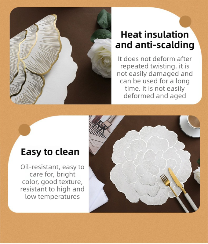 4-Pack Rose-Gold Luxury Bronzing Floral Heat-Insulated Placemats - Lotus Style Anti-Slip & Waterproof PVC Table Mats(38x38CM) - Image 4
