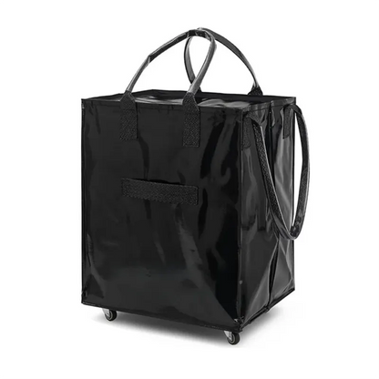 Black Portable Folding Shopping Trolley Bag(50x40x30CM) - Durable Woven Fabric, Reusable Grocery Bag with Wheels for Effortless Travel