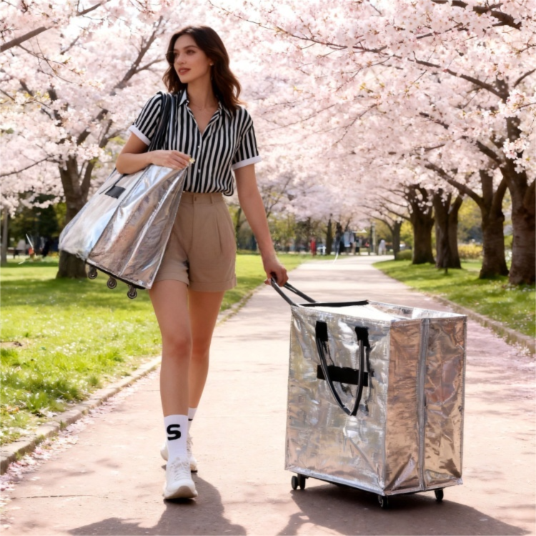 Gold Portable Folding Shopping Trolley Bag(50x40x30CM) - Durable Woven Fabric, Reusable Grocery Bag with Wheels for Effortless Travel - Image 4