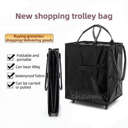 Red Portable Folding Shopping Trolley Bag(50x40x30CM) - Durable Woven Fabric, Reusable Grocery Bag with Wheels for Effortless Travel - Image 2