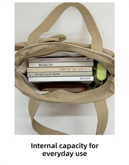 Khaki Puffy Quilted Nylon Hobo & Crossbody Bag with Cute Bowknot - Trendy Large-Capacity Handbag with Multiple Compartments - Image 5