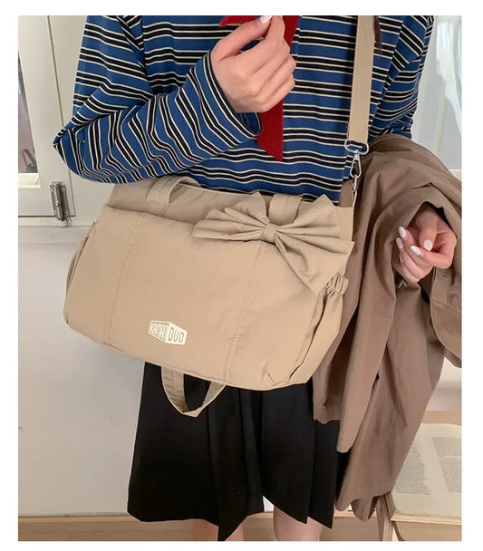 Black Puffy Quilted Nylon Hobo & Crossbody Bag with Cute Bowknot - Trendy Large-Capacity Handbag with Multiple Compartments - Image 3