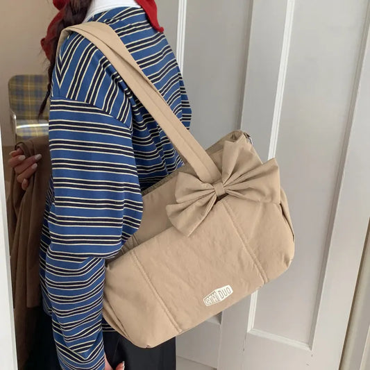 Blue Puffy Quilted Nylon Hobo & Crossbody Bag with Cute Bowknot - Trendy Large-Capacity Handbag with Multiple Compartments - Image 2