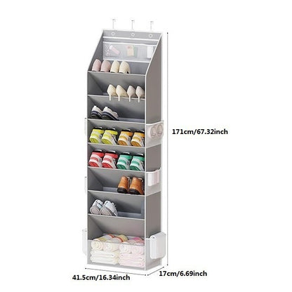 Grey 8-Tier Over-the-Door Shoe Organizer with 7 Slanted & 1 Flat & 6 Side Pockets - Multi-Functional Wall Mount  for Shoes, Bags and Towels - Image 2