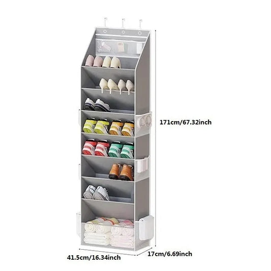 Grey 8-Tier Over-the-Door Shoe Organizer with 7 Slanted & 1 Flat & 6 Side Pockets - Multi-Functional Wall Mount  for Shoes, Bags and Towels - Image 2
