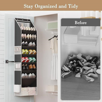 Grey 8-Tier Over-the-Door Shoe Organizer with 7 Slanted & 1 Flat & 6 Side Pockets - Multi-Functional Wall Mount  for Shoes, Bags and Towels - Image 6