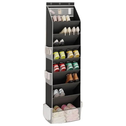 Black 8-Tier Over-the-Door Shoe Organizer with 7 Slanted & 1 Flat & 6 Side Pockets - Multi-Functional Wall Mount  for Shoes, Bags and Towels