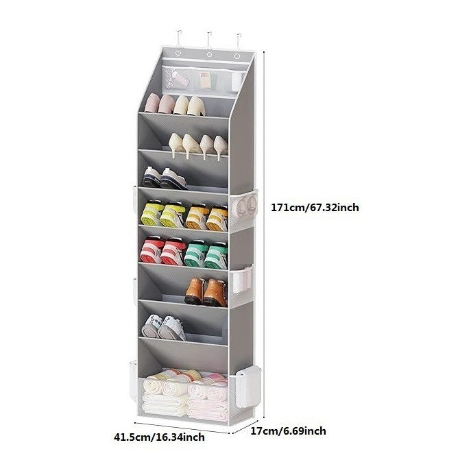 Black 8-Tier Over-the-Door Shoe Organizer with 7 Slanted & 1 Flat & 6 Side Pockets - Multi-Functional Wall Mount  for Shoes, Bags and Towels - Image 2