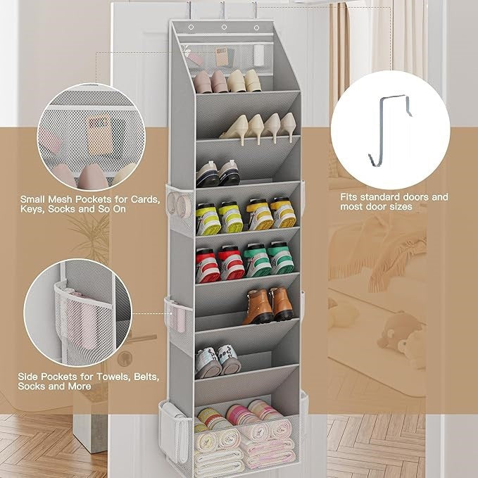 Black 8-Tier Over-the-Door Shoe Organizer with 7 Slanted & 1 Flat & 6 Side Pockets - Multi-Functional Wall Mount  for Shoes, Bags and Towels - Image 3