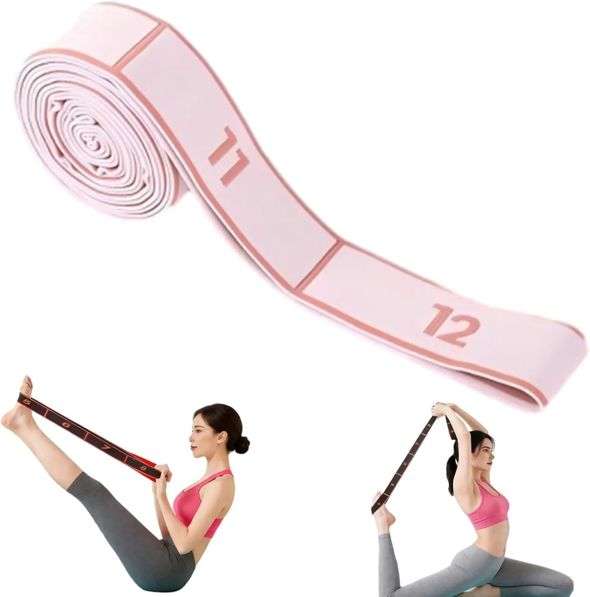 2-Pack Pink 12-Loop Numbered Yoga Stretch Strap(4x138CM) - Durable Multi-Segment Resistance Fitness Band for Pilates & Gym