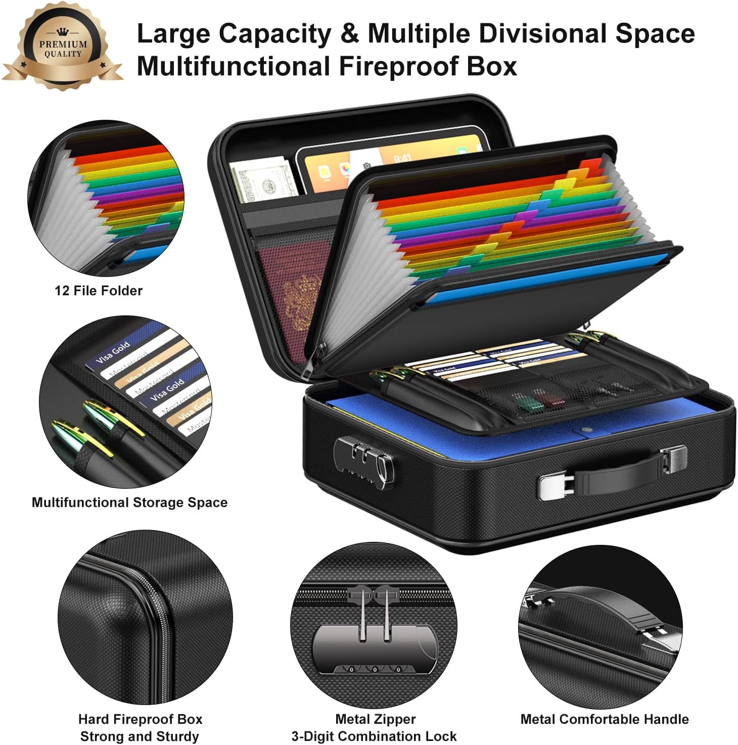 3-Layer Fireproof & Waterproof File Organizer Box(38x28x13CM) with Security Lock - EVA Muti-Functional Safety Briefcase for Certificates, Passports & Valuables - Image 2
