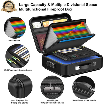 3-Layer Fireproof & Waterproof File Organizer Box(38x28x13CM) with Security Lock - EVA Muti-Functional Safety Briefcase for Certificates, Passports & Valuables - Image 2