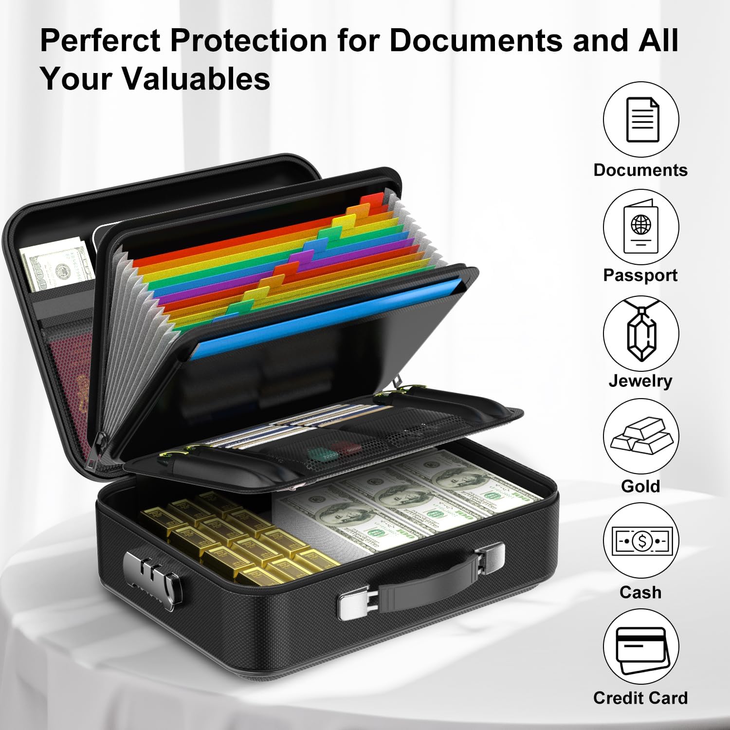 3-Layer Fireproof & Waterproof File Organizer Box(38x28x13CM) with Security Lock - EVA Muti-Functional Safety Briefcase for Certificates, Passports & Valuables - Image 3
