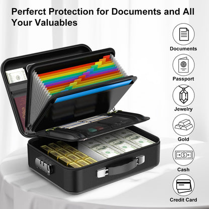 3-Layer Fireproof & Waterproof File Organizer Box(38x28x13CM) with Security Lock - EVA Muti-Functional Safety Briefcase for Certificates, Passports & Valuables - Image 3