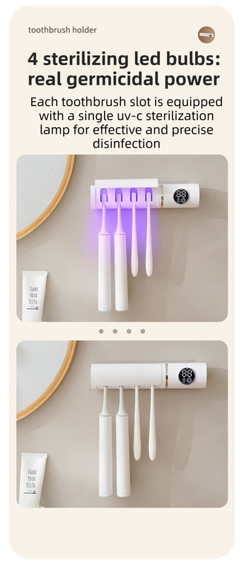 White 4-Slot Compact UV Toothbrush Sanitizer with Turbo Drying Fan & LCD Display - Anti-Dust Toothbrush Holder, 10-Minute One-Touch Deep Clean - Image 5