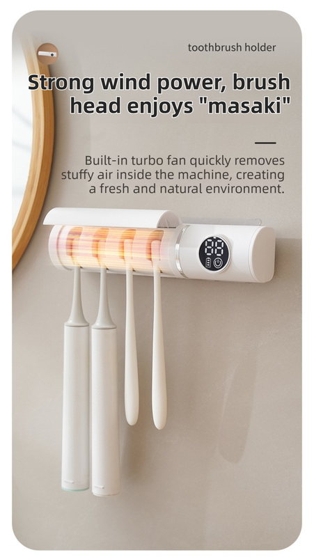 White 4-Slot Compact UV Toothbrush Sanitizer with Turbo Drying Fan & LCD Display - Anti-Dust Toothbrush Holder, 10-Minute One-Touch Deep Clean - Image 6