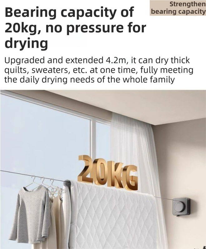 White 4.2M Heavy Duty Invisible Retractable Clothesline - Rustproof & Drill-Free Laundry Hanger with 20kg Load Capacity - Image 5
