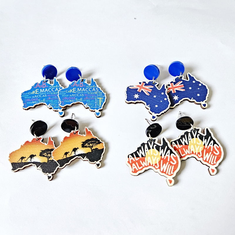 4-Pair Wooden Australia Map Silhouette Earrings - Lightweight Geometric Ear Drops, Cultural Decor Gift - Image 2