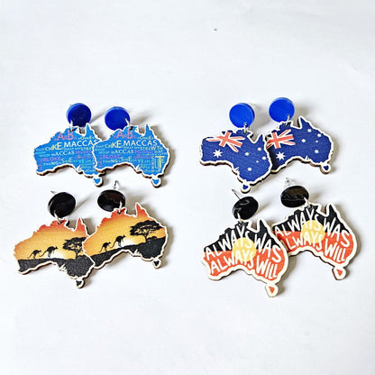 4-Pair Wooden Australia Map Silhouette Earrings - Lightweight Geometric Ear Drops, Cultural Decor Gift - Image 2