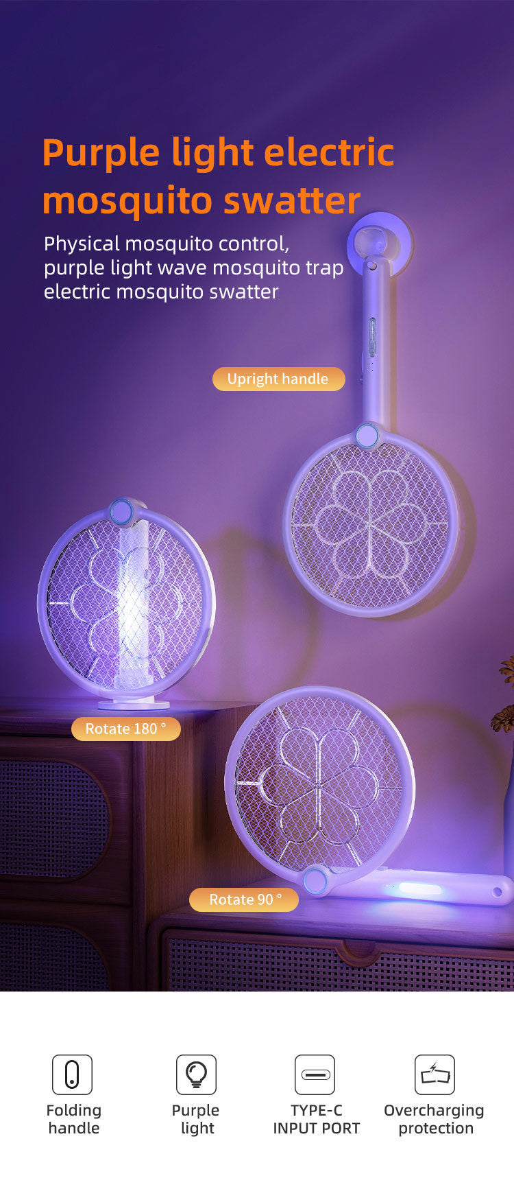 2-in-1 Foldable Electric Mosquito Swatter & UV Light Killer Lamp with 180° Rotating Head and Base - Wall-Mounted & Self-Standing Non-Toxic Pest Control - Image 2