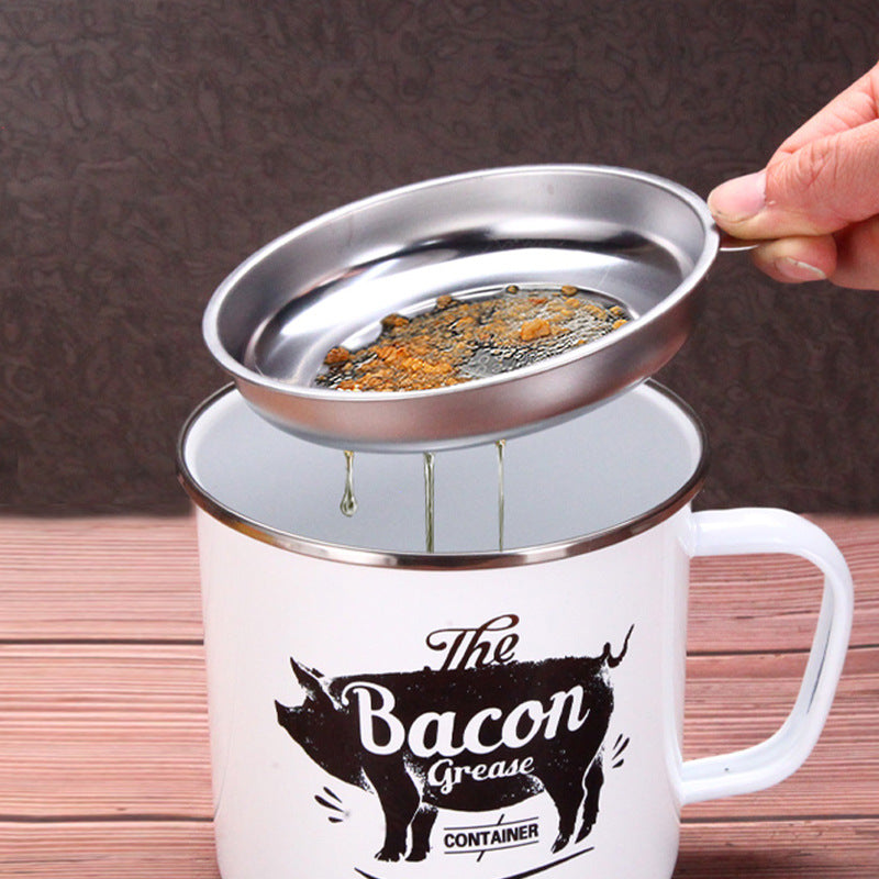 Retro 1200ML Enamel Lard Storage Jar - Acid & Alkali Resistant Oil Filter Pot with Fine Mesh Strainer & 17cm Scraping Spatula - Image 3