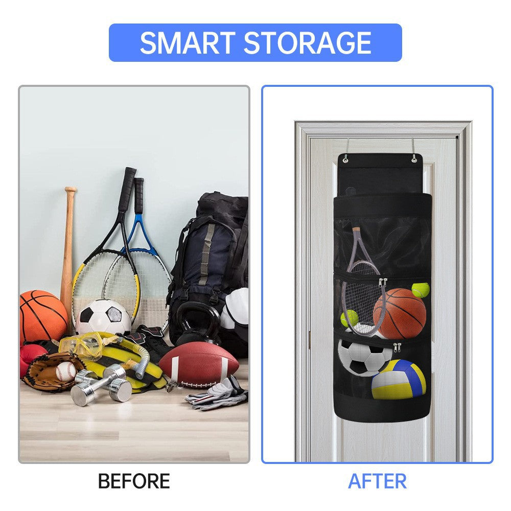 Over-the-Door Hanging Sports Gear Organizer With Zipper for Easy-Access to Bottom - Heavy-Duty Mesh Storage Bag for Balls & Kids' Toys - Image 2