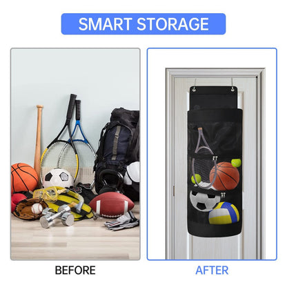 Over-the-Door Hanging Sports Gear Organizer With Zipper for Easy-Access to Bottom - Heavy-Duty Mesh Storage Bag for Balls & Kids' Toys - Image 2