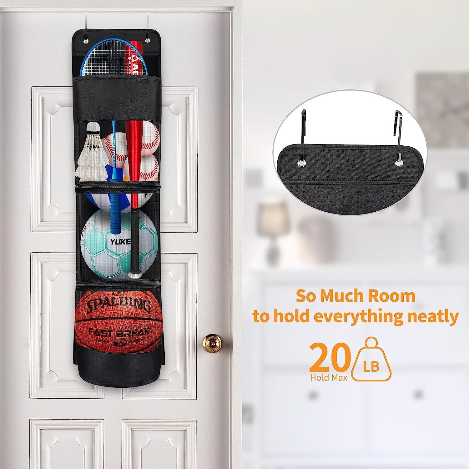 Over-the-Door Hanging Sports Gear Organizer With Zipper for Easy-Access to Bottom - Heavy-Duty Mesh Storage Bag for Balls & Kids' Toys - Image 3