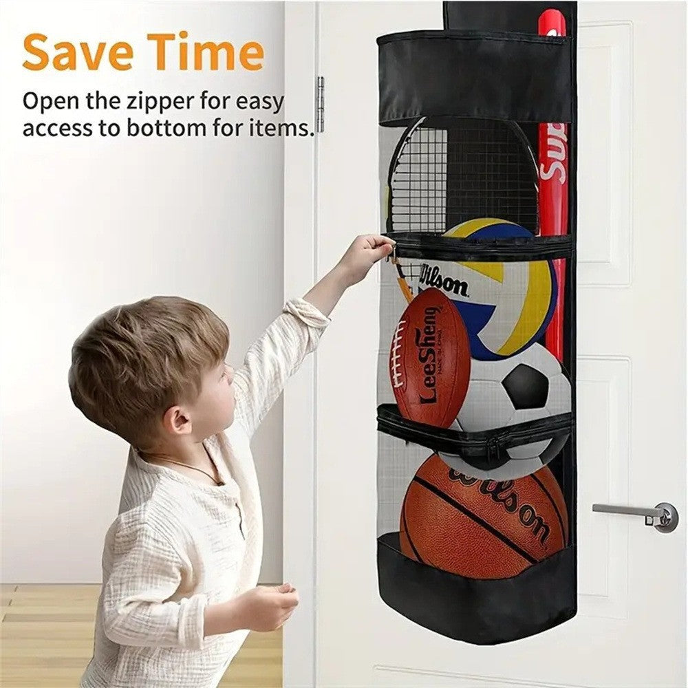 Over-the-Door Hanging Sports Gear Organizer With Zipper for Easy-Access to Bottom - Heavy-Duty Mesh Storage Bag for Balls & Kids' Toys - Image 4