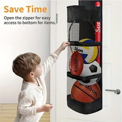 Over-the-Door Hanging Sports Gear Organizer With Zipper for Easy-Access to Bottom - Heavy-Duty Mesh Storage Bag for Balls & Kids' Toys - Image 4
