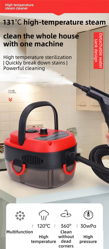 Red Portable High-Pressure Steam Cleaner with 1000ml Tank & 7-Piece Pro Brushes/Spray Nozzle Kit - 131°C High-Temp Deep Cleaning Machine for Kitchen Grease and Home Sanitization - Image 2