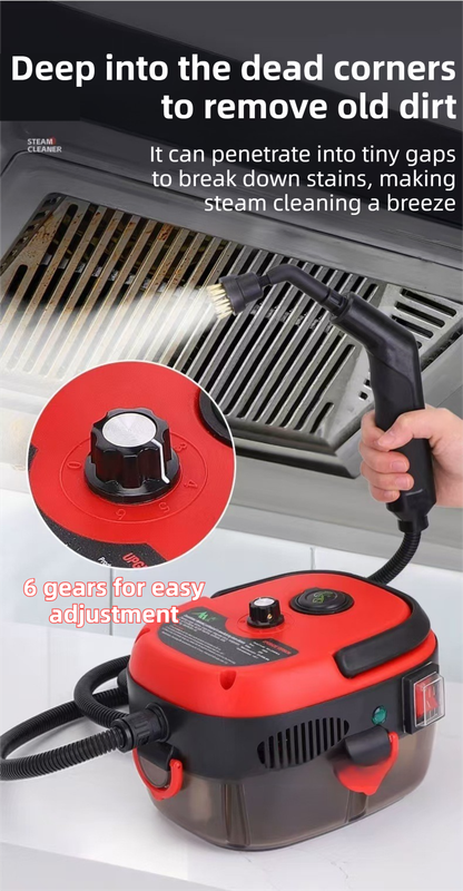 Red Portable High-Pressure Steam Cleaner with 1000ml Tank & 7-Piece Pro Brushes/Spray Nozzle Kit - 131°C High-Temp Deep Cleaning Machine for Kitchen Grease and Home Sanitization - Image 4