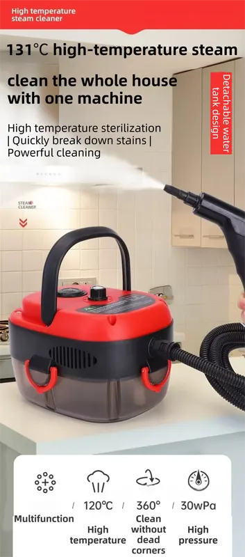 White Portable High-Pressure Steam Cleaner with 1000ml Tank & 7-Piece Pro Brushes/Spray Nozzle Kit - 131°C High-Temp Deep Cleaning Machine for Kitchen Grease and Home Sanitization - Image 2