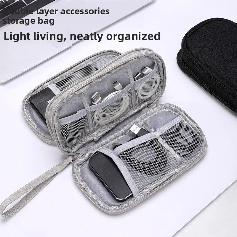 2-PCS Black Double Layer Travel Electronics Organizer Bag Waterproof Cable Pouch for Power Bank and Phone Portable Storage for Australians - Image 2