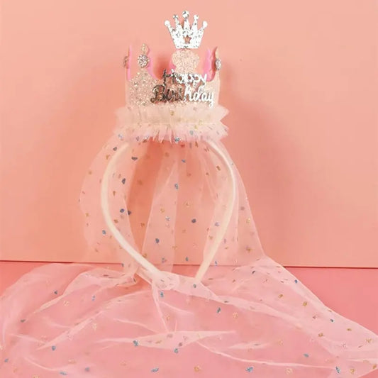 Beige 2-Pack Tulle Crown Headbands with "Happy Birthday" Sparkle Design for Kids – Princess Party Hair Accessories