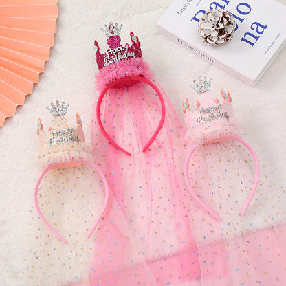 Pink 2-Pack Tulle Crown Headbands with "Happy Birthday" Sparkle Design for Kids – Princess Party Hair Accessories - Image 2