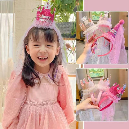 Pink 2-Pack Tulle Crown Headbands with "Happy Birthday" Sparkle Design for Kids – Princess Party Hair Accessories - Image 3