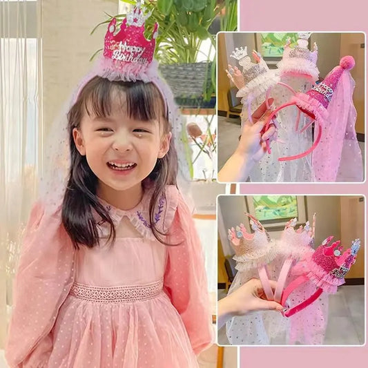 Pink 2-Pack Tulle Crown Headbands with "Happy Birthday" Sparkle Design for Kids – Princess Party Hair Accessories - Image 3