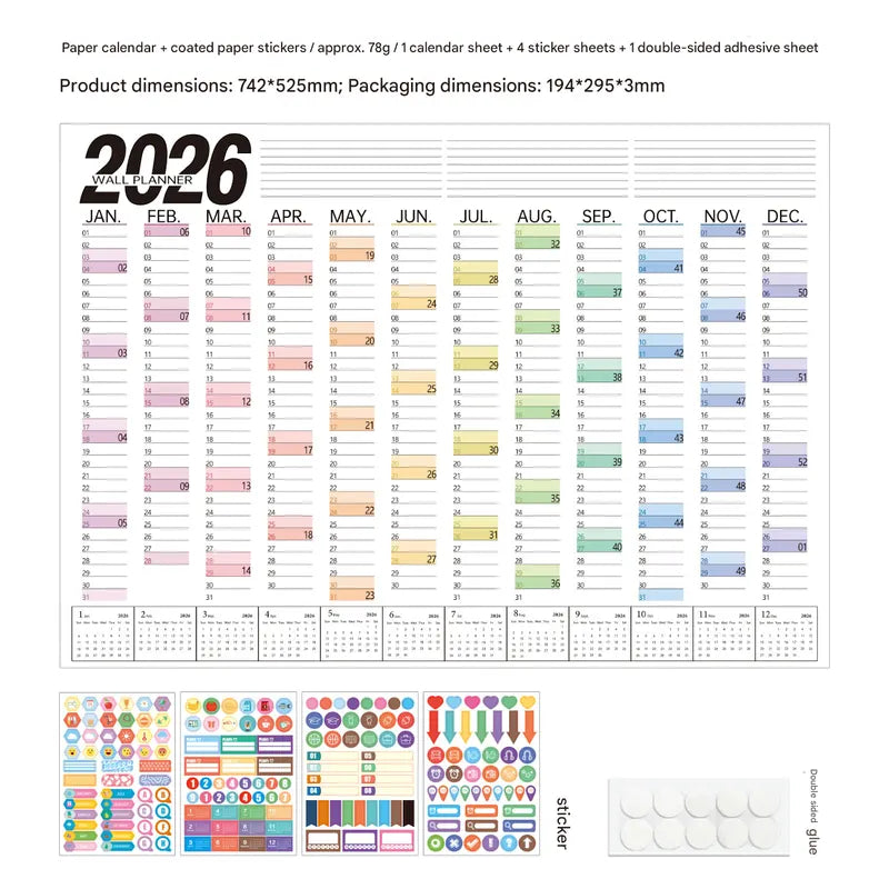 2026 Wall Planner Calendar with Stickers and Double-Sided Tape – 742 x 525 mm for Home, Office or Study in Australia