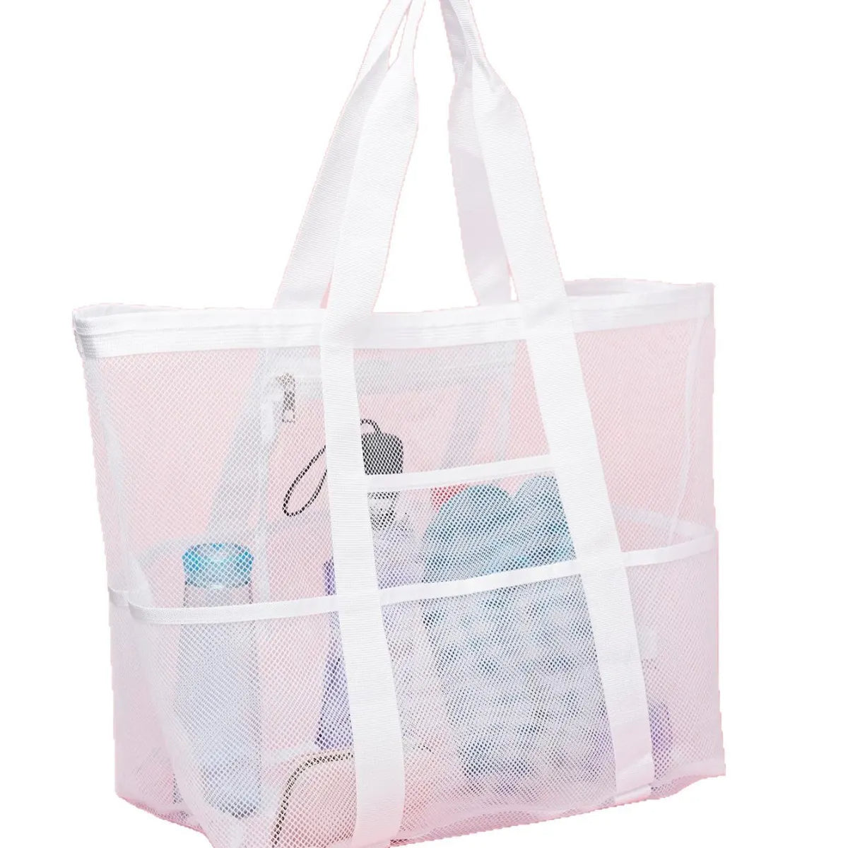 2-PCS White Mesh Beach Tote Bag – Large Capacity Swim Gear Organizer with Multiple Pockets for Shoes, Swimsuits, and Essentials