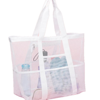 2-PCS White Mesh Beach Tote Bag – Large Capacity Swim Gear Organizer with Multiple Pockets for Shoes, Swimsuits, and Essentials