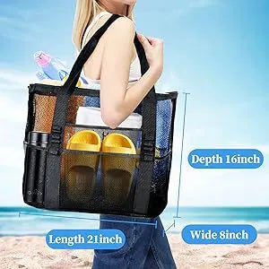 2-PCS Beige Mesh Beach Tote Bag – Large Capacity Swim Gear Organizer with Multiple Pockets for Shoes, Swimsuits, and Essentials - Image 2