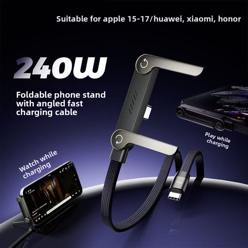 240W USB-C to USB-C Fast Charging Cable with Integrated Folding Phone Stand and 90 Degree Elbow for Mobile Gaming and Video Streaming - Image 4