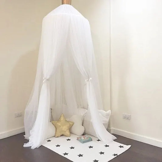 White Nordic Style 7-Layer Tulle Bed Canopy 300cm Extra Long 60cm Dome for Australian Kids Bedroom Nursery and Playroom Decor
