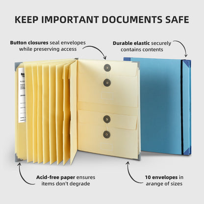 Khaki Important Document Organizer Folder with 10 Manila Envelopes and Acid-Free Paper for Home Office Estate Planning and Aussie Travel - Image 3