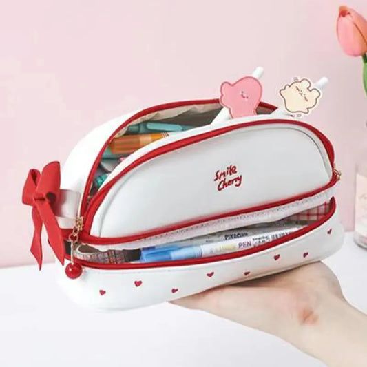 Blue Large Capacity Double Layer Pencil Case Waterproof PU Leather Stationery Organizer for Australian Students and Office Use High Capacity Makeup Bag - Image 2
