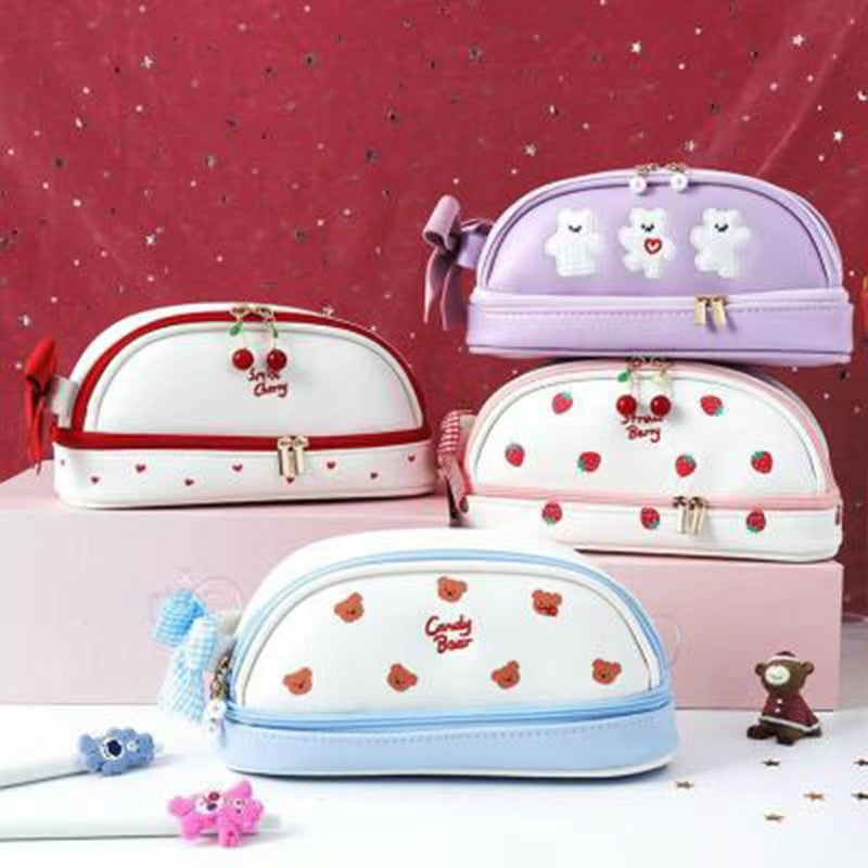 Blue Large Capacity Double Layer Pencil Case Waterproof PU Leather Stationery Organizer for Australian Students and Office Use High Capacity Makeup Bag - Image 3