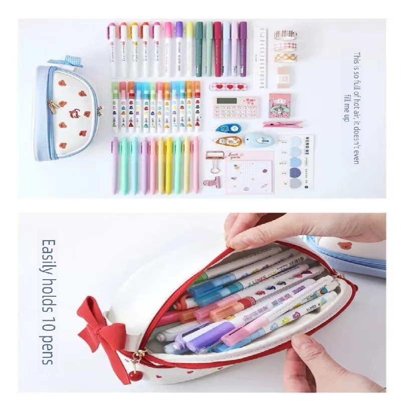 Blue Large Capacity Double Layer Pencil Case Waterproof PU Leather Stationery Organizer for Australian Students and Office Use High Capacity Makeup Bag - Image 4